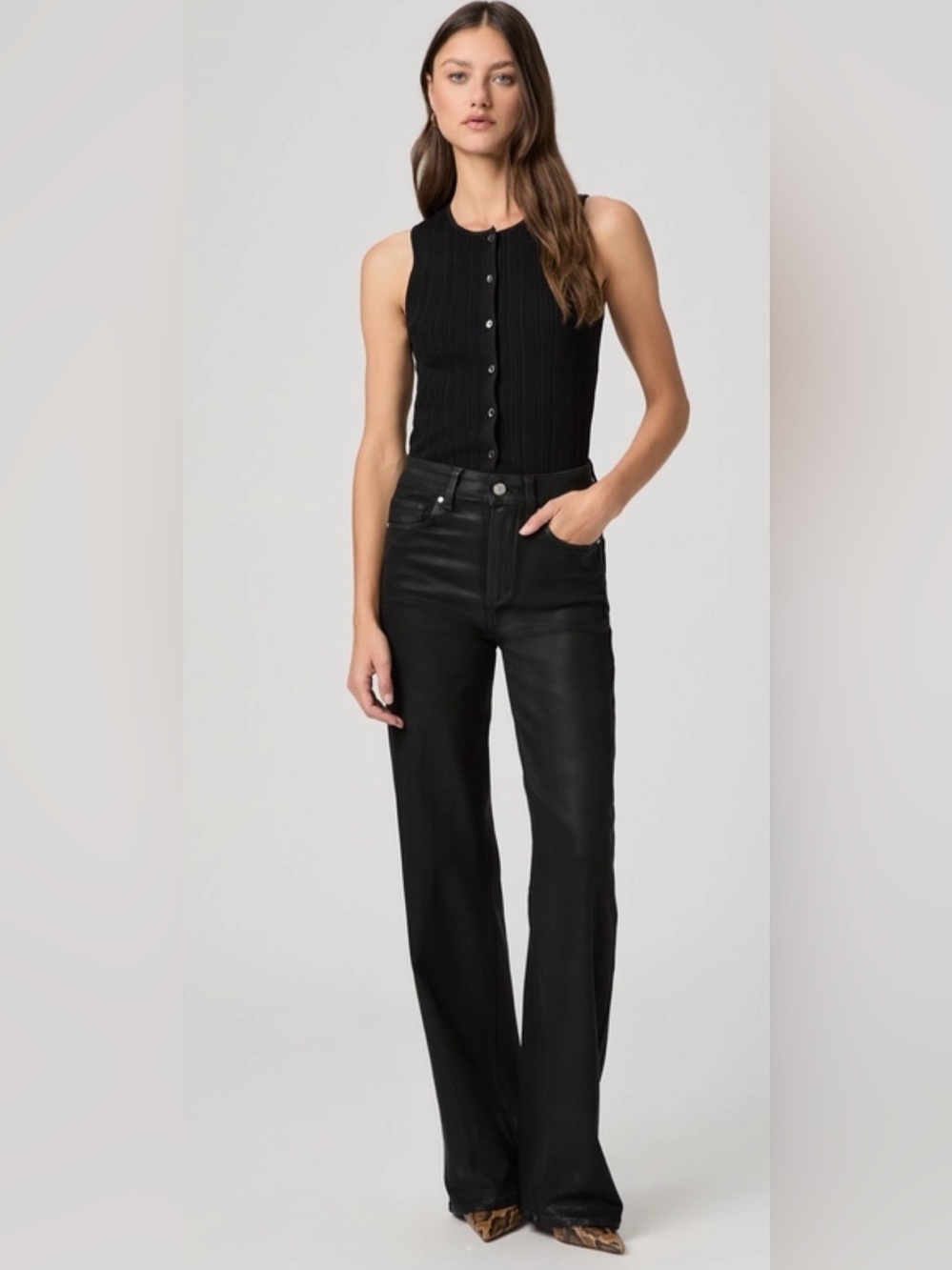 PAIGE Sasha Wide Leg Jeans 28 Black Fog Luxe Coated 34” Inseam Tall NWOT